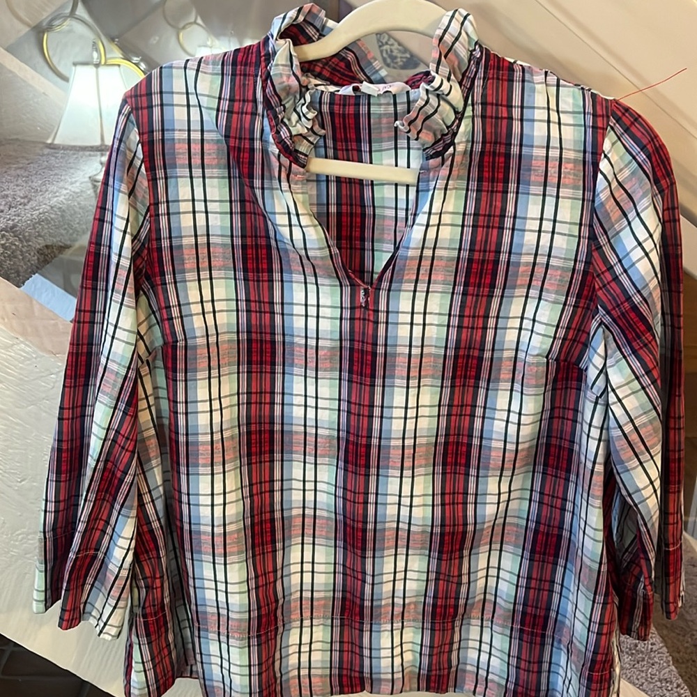 Ruffle collar preppy plaid blouse M